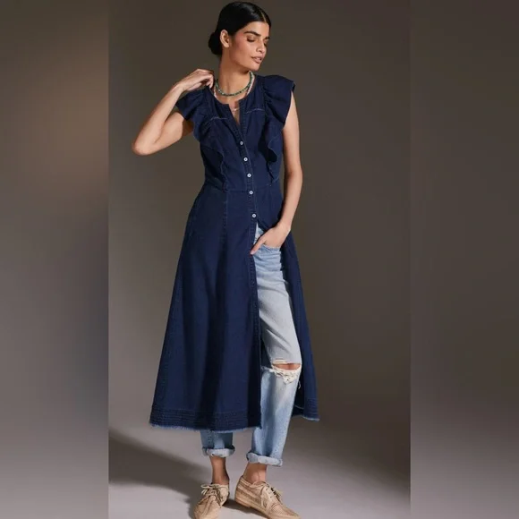 Pilcro Denim Cap Ruffle Sleeve Button Dress Midi Size 6 EUC Pockets Anthro - Picture 1 of 8